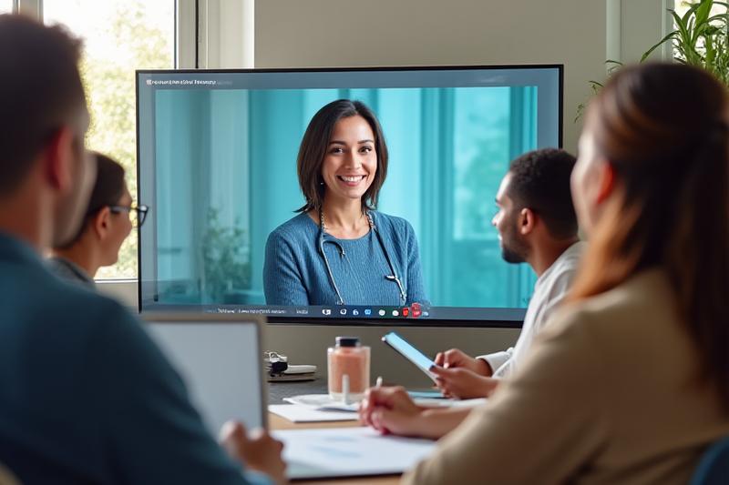 A diverse group of adults engaging in an online Q&A session with a health expert on a large screen, vibrant and interactive connections.