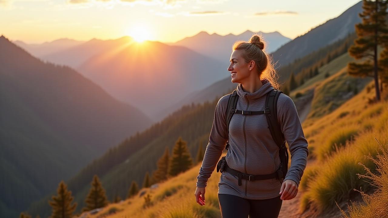 Abstract graphic representing time, health, and vitality. An energetic older adult hiking in a serene mountain landscape, symbolizing healthy longevity.