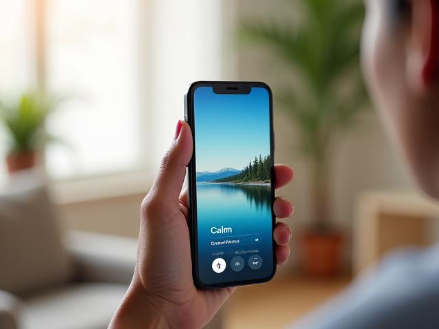 A screenshot of the 'Calm' meditation app interface on a modern smartphone, displaying a serene landscape and a guided meditation session.