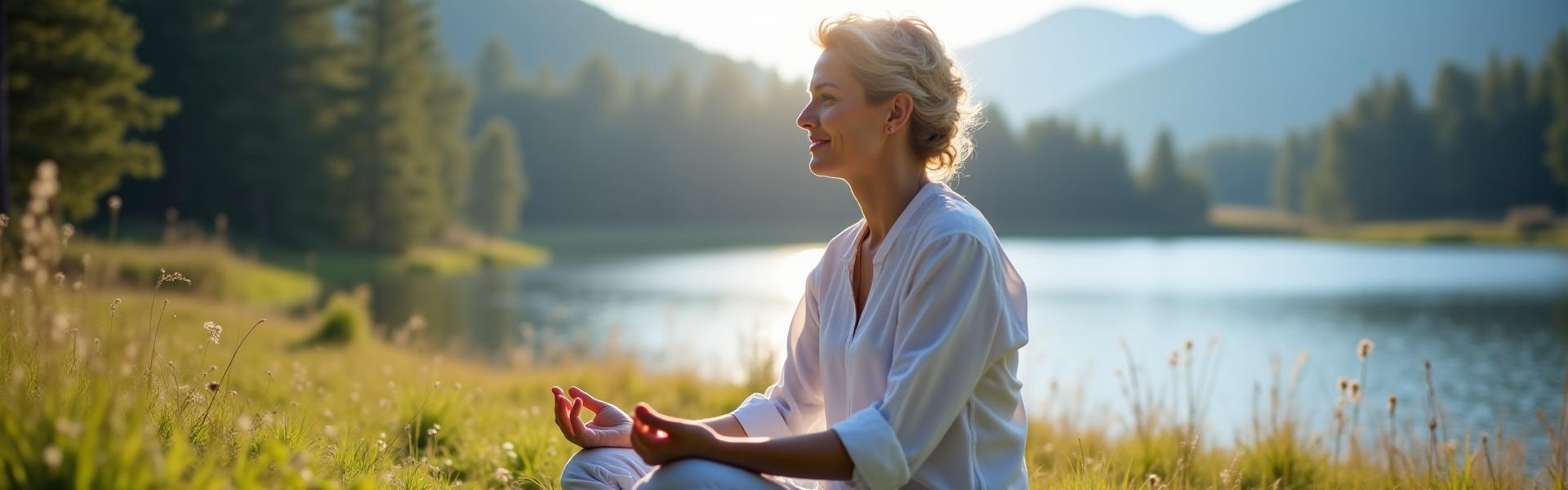 A serene woman aged 40-50 practicing gentle mindfulness meditation amidst a soft-focus natural setting, reflecting calm and focus.