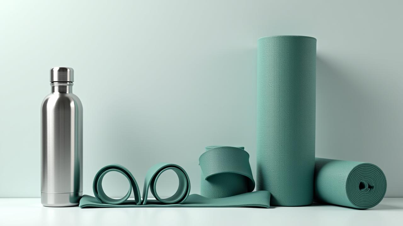 A collection of carefully selected wellness products, including a smart water bottle, a yoga mat, and a resistance band, artfully arranged on a clean, light surface with soft, diffused lighting.