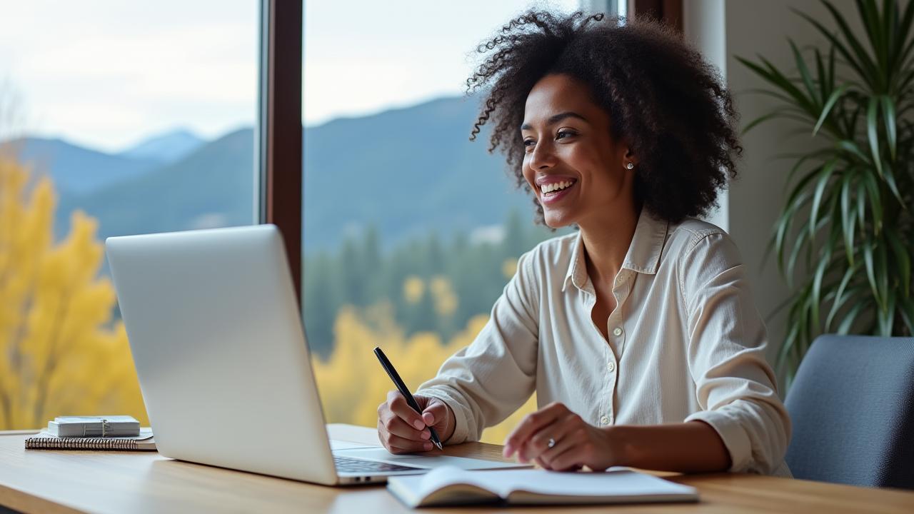 A diverse woman aged 40-50, smiling warmly and engaged in a virtual workshop on her laptop, surrounded by natural light from a window overlooking a serene Colorado landscape. She is taking notes, embodying focused learning and wellness skills.
