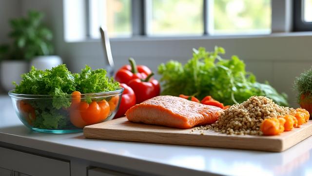 A vibrant and healthy meal prep scene with fresh, colorful ingredients like leafy greens, whole grains, and lean protein, arranged neatly on a kitchen counter, representing optimal energy and nutrition planning.