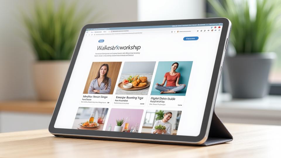 A tablet displaying a grid of three workshop thumbnails: 'Mindful Eating', 'Energy Boosting Yoga', and 'Digital Detox Guide', suggesting a diverse online learning library available on-demand.