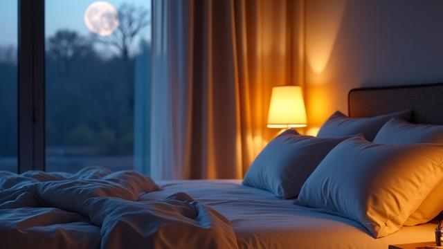 A serene bedroom setting at dusk with soft, warm lighting, a comfortable bed, and a subtle moon icon on a bedside table, symbolizing restorative sleep and sleep hygiene improvement.